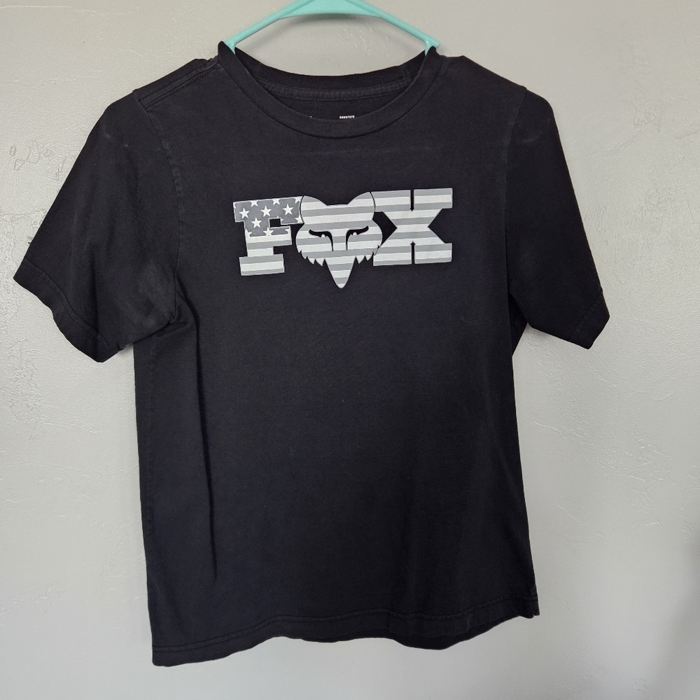 Fox Racing Kids Boys Youth Large Black White Flag Logo Tee Short Sleeve T-shirt